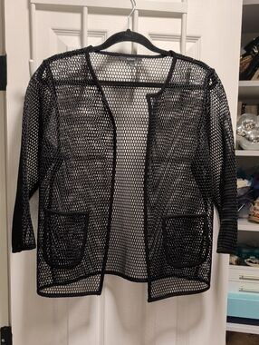 Alfani Black Open-Weave Mesh Cardigan with Patch Pockets